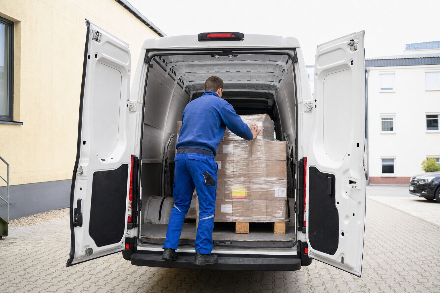 Fahrer verlädt eine Palette in einen weißen Transporter