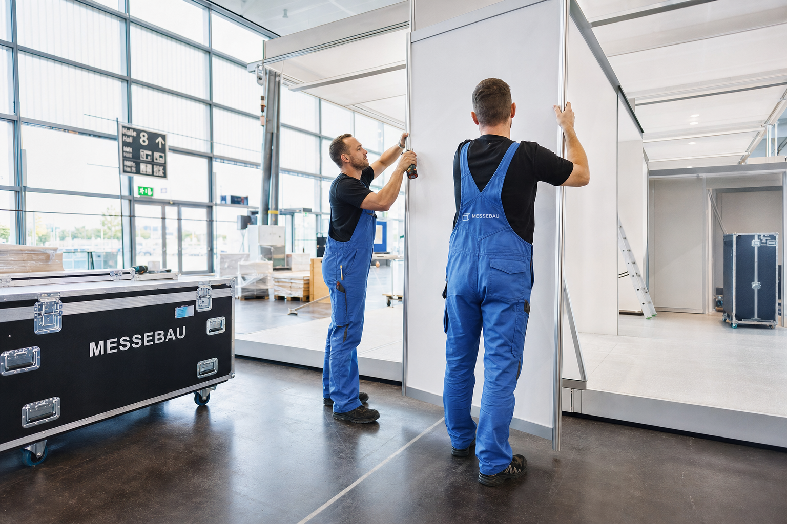Umzugshelfer bauen einen Messestand in einer Messehalle auf